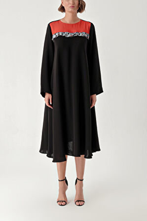 Siyah Garni detaylı bol kesim elbise 94361 | L