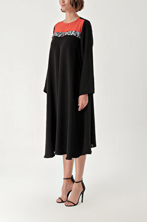 Siyah Garni detaylı bol kesim elbise 94361 | S