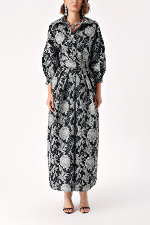 Desenli Kabarık etekli bağlama detaylı gömlek jakar takım 12328 | M