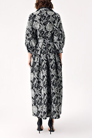 Desenli Kabarık etekli bağlama detaylı gömlek jakar takım 12328 | M