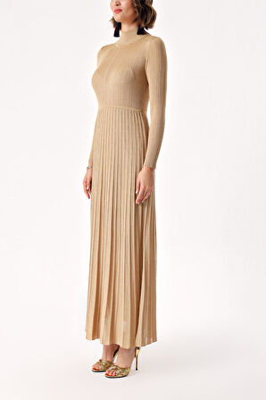 Bej Yüksek yakalı eteği pilili uzun triko elbise 28848 | L