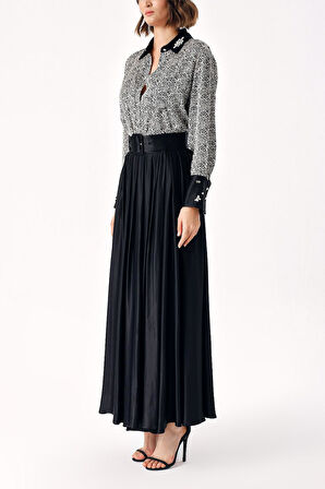 Desenli Taş işlemeli gömlek ve lastikli etek takım 12331 | L