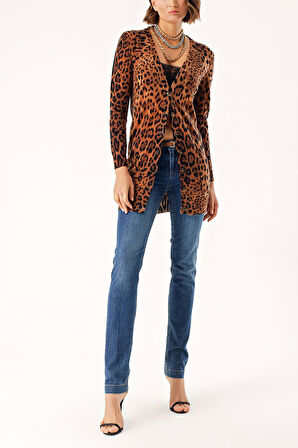Leopar V yaka uzun yün triko hırka 28864 | M