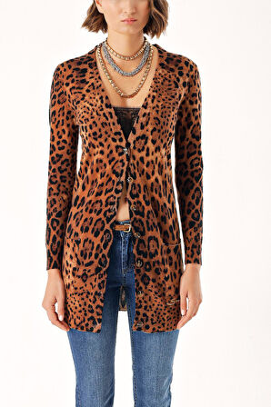 Leopar V yaka uzun yün triko hırka 28864 | M