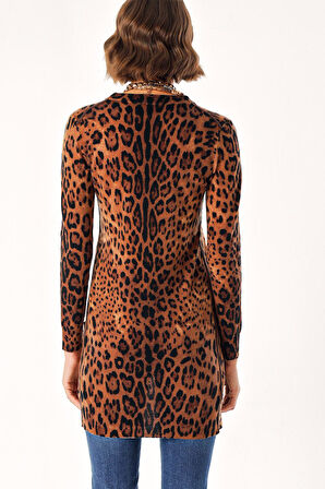 Leopar V yaka uzun yün triko hırka 28864 | S