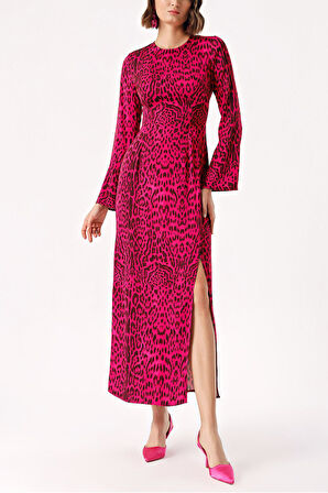 Leopard-Mor Uzun vücuda oturan yırtmaç detaylı elbise 94379 | L