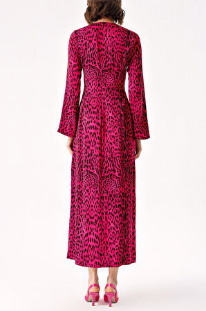 Leopard-Mor Uzun vücuda oturan yırtmaç detaylı elbise 94379 | L