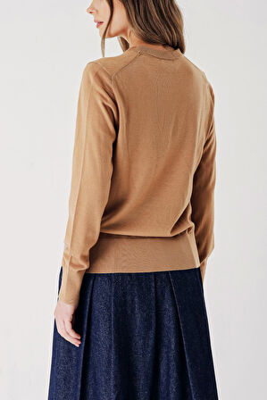 Bej Bisiklet yaka yün triko kazak 28868 | S