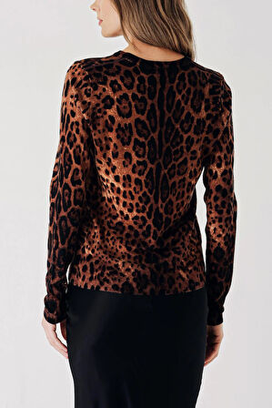 Leopar Bisiklet yaka leopar desenli yün triko kazak 28866 | M