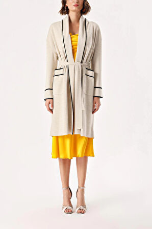 Bej-Siyah Kemerli uzun yün triko hırka 28874 | L