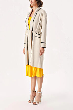 Bej-Siyah Kemerli uzun yün triko hırka 28874 | L