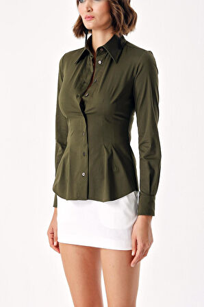 Haki Likralı dar kesim gömlek 10831 | S