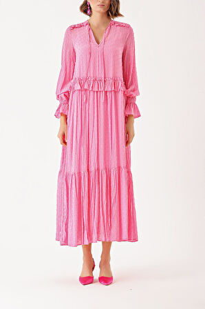 Pembe Valon detaylı bol kesim elbise 93936 | L