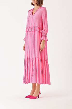 Pembe Valon detaylı bol kesim elbise 93936 | L