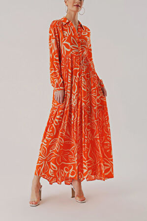 Turuncu Kemerli rahat gömlek elbise 94389 | S