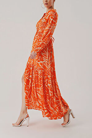 Turuncu Kemerli rahat gömlek elbise 94389 | S