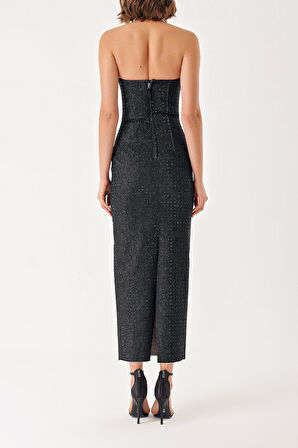 Siyah Straplez vücuda oturan taşlı uzun elbise 94427 | L