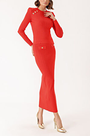 Kırmızı Düğme detaylı kazak ve etekli takım 28852 | L