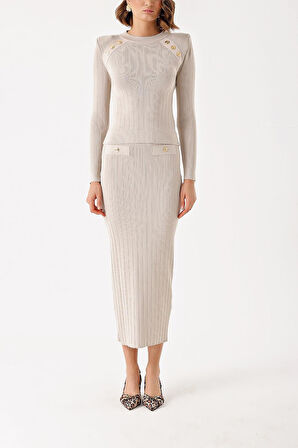 Taş Düğme detaylı kazak ve etekli takım 28852 | L