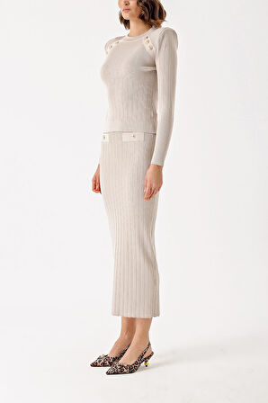 Taş Düğme detaylı kazak ve etekli takım 28852 | L