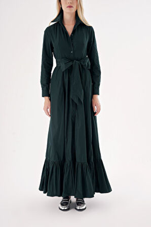 Yeşil Kemerli etek ucu büzgülü  uzun gömlek elbise 94207 | M