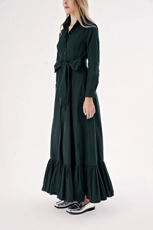 Yeşil Kemerli etek ucu büzgülü  uzun gömlek elbise 94207 | M