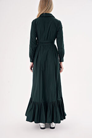 Yeşil Kemerli etek ucu büzgülü  uzun gömlek elbise 94207 | M