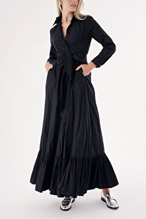 Siyah Kemerli etek ucu büzgülü  uzun gömlek elbise 94207 | S