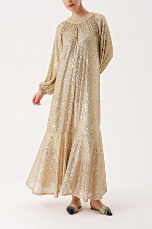 Bej Büzgü detaylı balon kollu payetli elbise 94468 | S