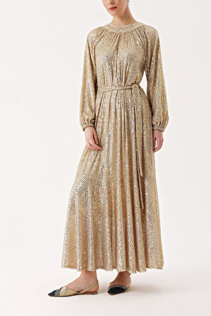 Bej Büzgü detaylı balon kollu payetli elbise 94468 | S