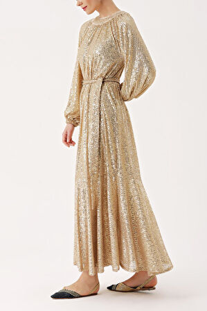 Bej Büzgü detaylı balon kollu payetli elbise 94468 | S