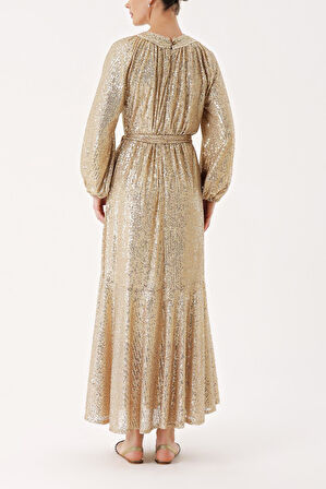 Bej Büzgü detaylı balon kollu payetli elbise 94468 | S