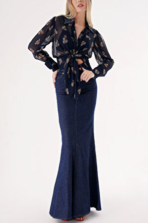 Lacivert Yakası taş detaylıı gömlek 10842 | L