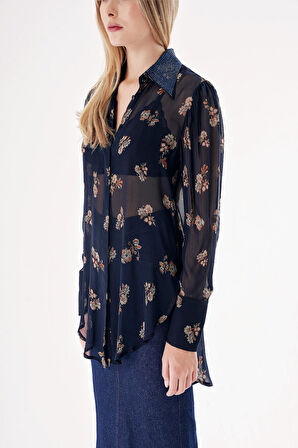 Lacivert Yakası taş detaylıı gömlek 10842 | L