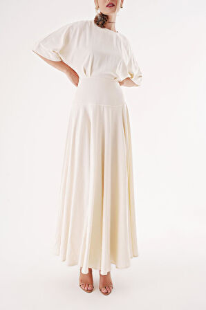 Ekru Geniş kollu, kurdela detaylı volanlı elbise 94434 | S