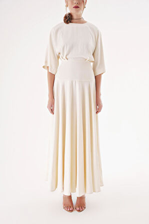 Ekru Geniş kollu, kurdela detaylı volanlı elbise 94434 | S