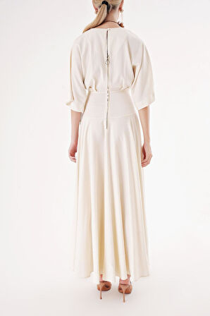 Ekru Geniş kollu, kurdela detaylı volanlı elbise 94434 | S