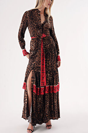 Leopar Kontrast renk kombinli büzgülü uzun gömlek elbise 94422 | L