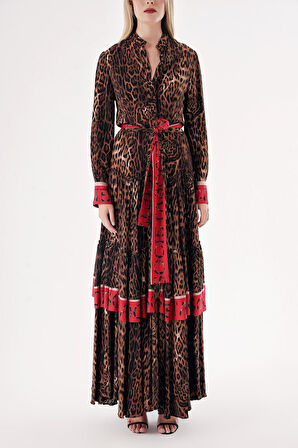 Leopar Kontrast renk kombinli büzgülü uzun gömlek elbise 94422 | L