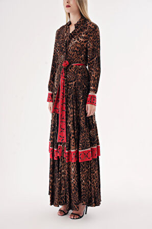 Leopar Kontrast renk kombinli büzgülü uzun gömlek elbise 94422 | L