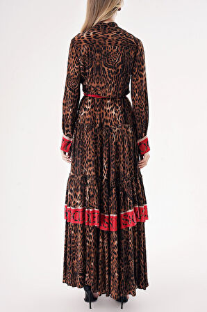 Leopar Kontrast renk kombinli büzgülü uzun gömlek elbise 94422 | L