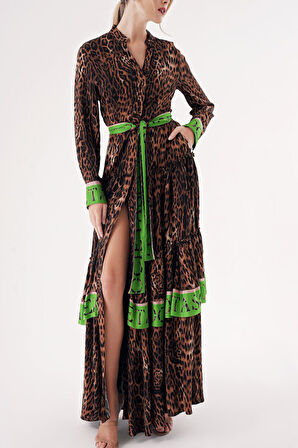 Leopar-Yeşil Kontrast renk kombinli büzgülü uzun gömlek elbise 94422 | S