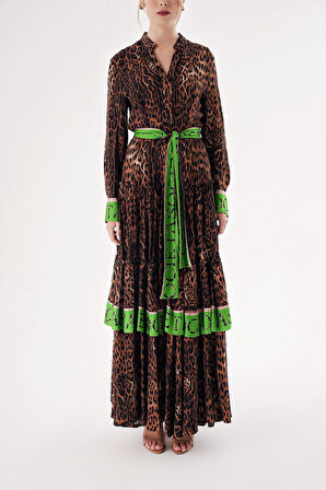 Leopar-Yeşil Kontrast renk kombinli büzgülü uzun gömlek elbise 94422 | S