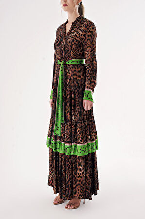 Leopar-Yeşil Kontrast renk kombinli büzgülü uzun gömlek elbise 94422 | S