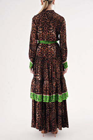 Leopar-Yeşil Kontrast renk kombinli büzgülü uzun gömlek elbise 94422 | S