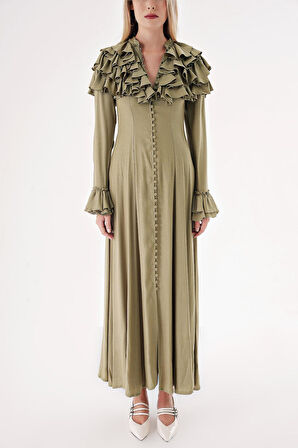 Haki Hakim yaka fırfır detaylı gömlek elbise 94465 | M