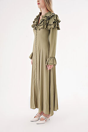 Haki Hakim yaka fırfır detaylı gömlek elbise 94465 | M