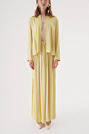 Bej Arkası yırtmaç detaylı gömlek ve beli lastikli midi boy etekli ikili takım 12344 | S