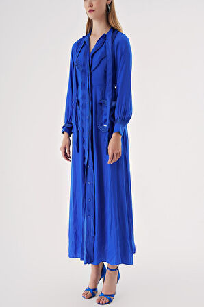 Mavi Balon kol yakası bağcıklı elbise 94525 | L