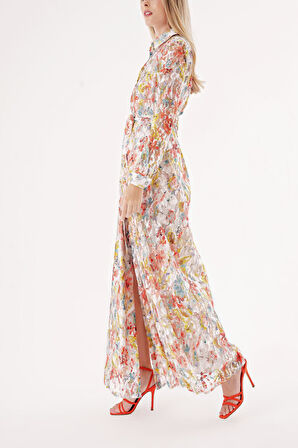 Karışık Renkler Dantel rahat kesim uzun gömlek elbise 94512 | L